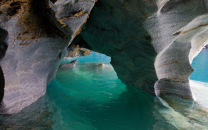 nature, landscape, cave, Chile, lake, turquoise, water, marble