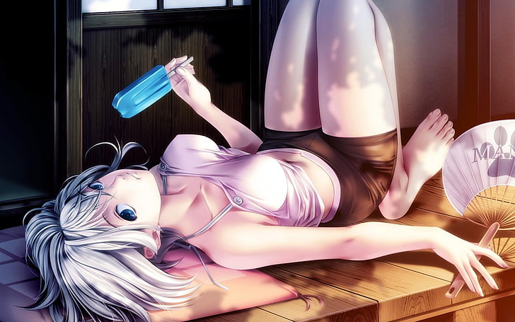 Girl Eating Ice Cream, woman with short white hair anime character