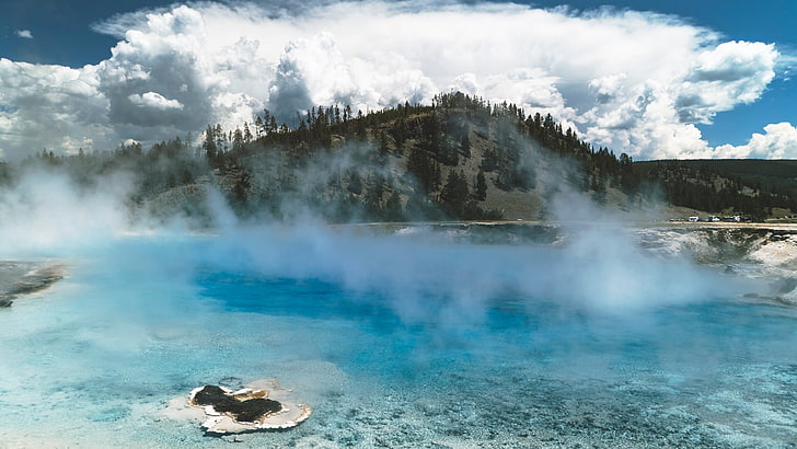 blue lagoon, clouds, mist, Yellowstone National Park, spring