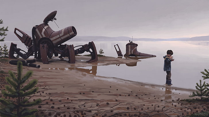 brown and white canon, drawing, Simon Stålenhag, futuristic