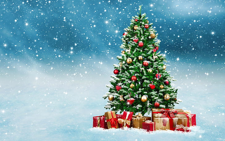 Christmas tree, green christmass illustration, snow, winter, balloons, HD wallpaper