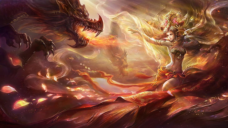 two dragon and woman illustration, fantasy art, multi colored