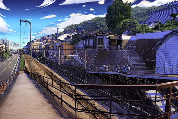 brown steel handrails, anime, landscape, railway, city, built structure