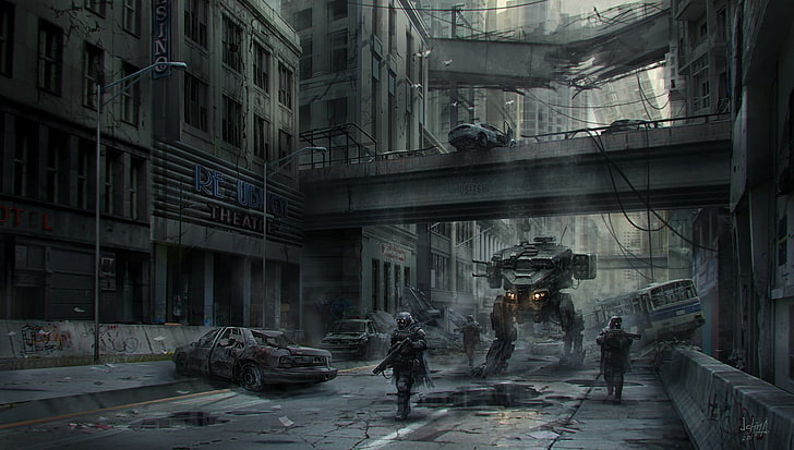 video game application, artwork, mech, futuristic, dark, apocalyptic