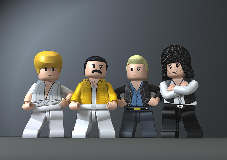 four assorted Lego minifigs, Queen, Freddie Mercury, Brian May