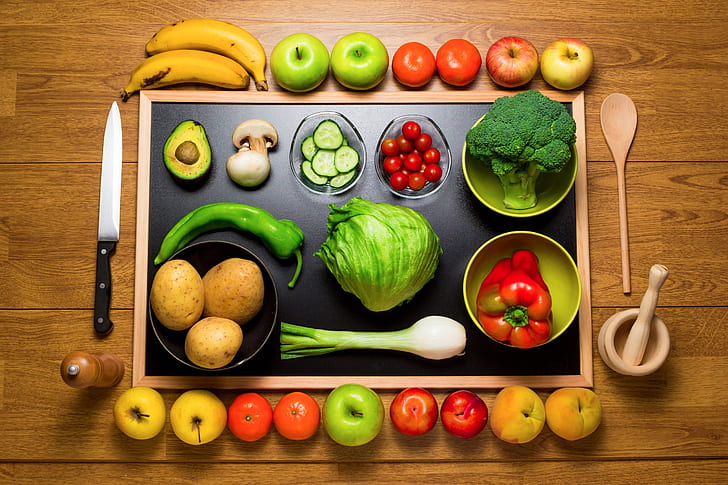 food, vegetables, knife, fruit, HD wallpaper
