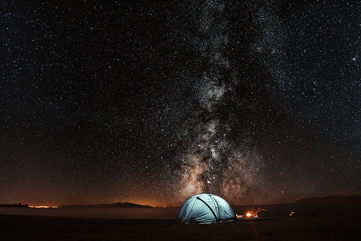 white camping tent, starry sky, night