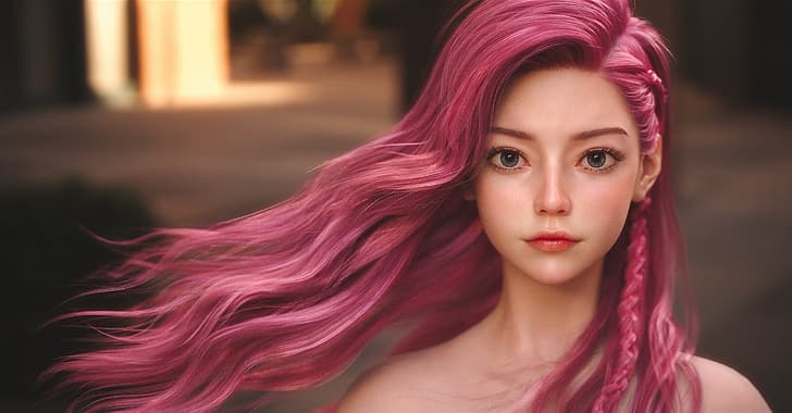 Chen Wang, CGI, women, pink hair, makeup, blush, wind, long hair
