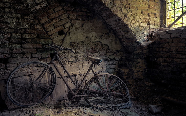 black and gray road bike, abandoned, bicycle, wreck, built structure, HD wallpaper