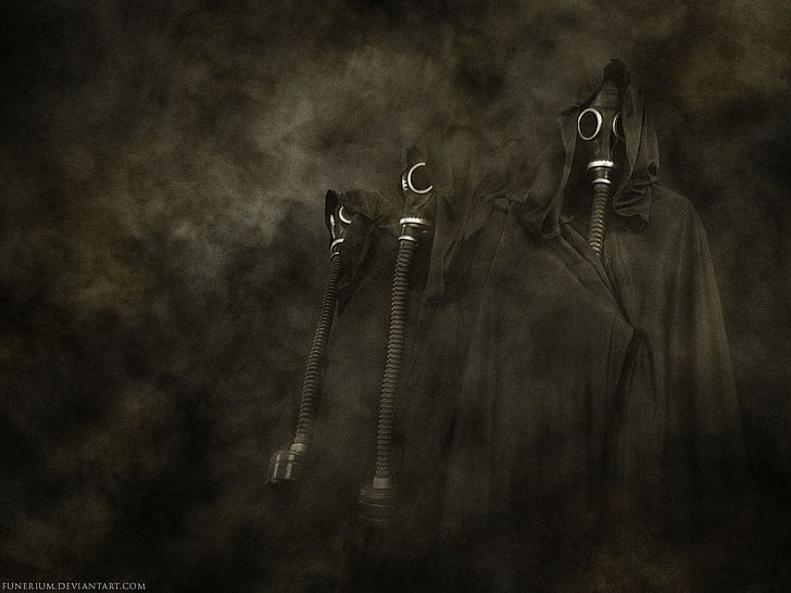 black leather zip-up jacket, gas masks, dark, artwork, no people