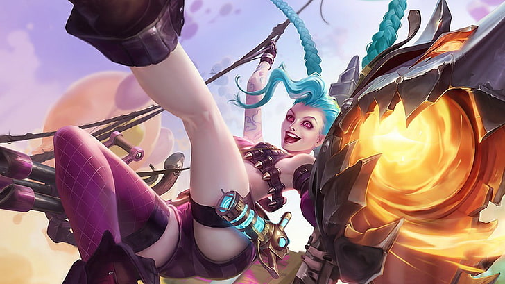 female holding pistol and rope illustration, League of Legend Jinx digital wallpaper