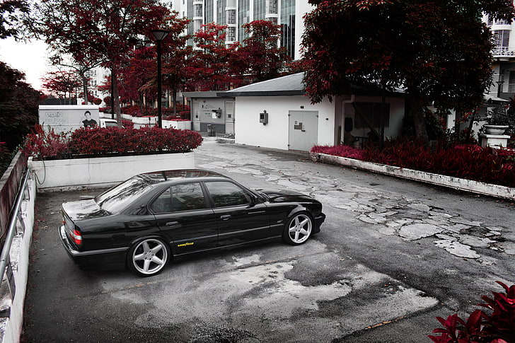 black sedan, machine, BMW, yard, e34, car, street, urban Scene, HD wallpaper