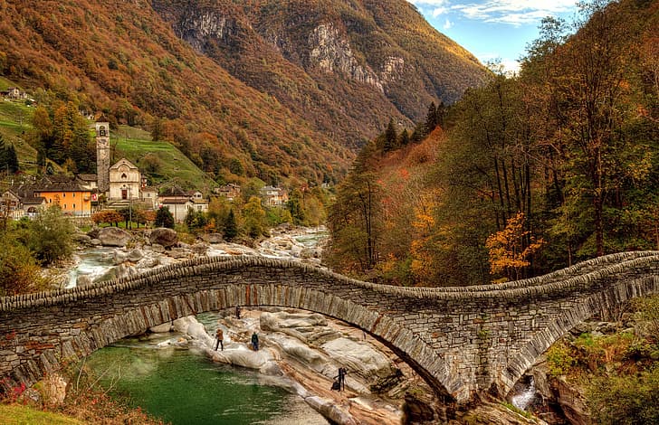 autumn, mountains, bridge, river, Switzerland, Alps, town, Ticino