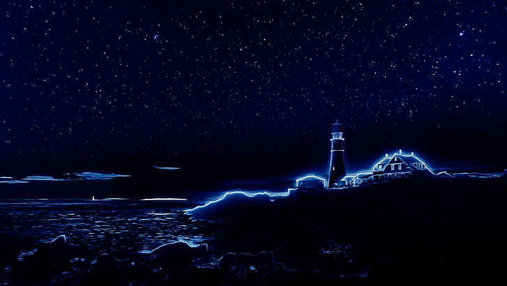 digital art, blue, digitalart, lighthouse, portland head light, HD wallpaper