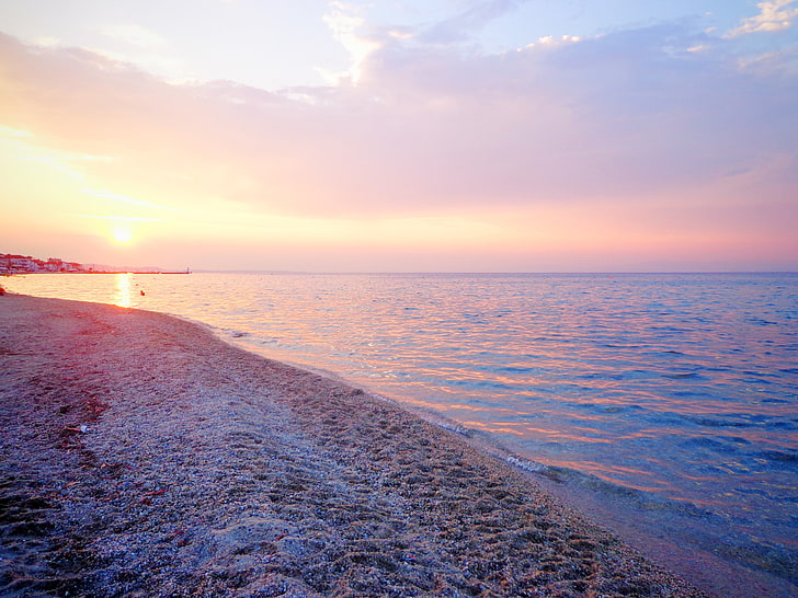 calm body of water, greece, sea, beach, sunset, nature, summer, HD wallpaper