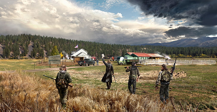 Far Cry 5, video games, USA, Ubisoft, group of people, sky, HD wallpaper