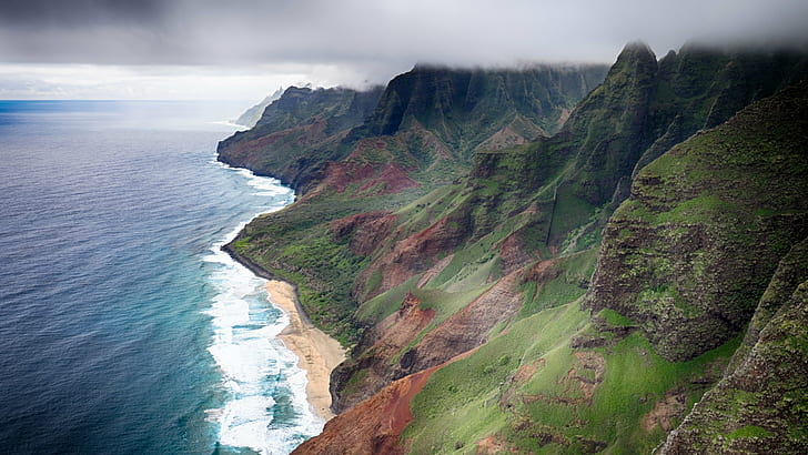 aerial view of mountain hill on seashore, Na Pali Coast, Waimea  Hawaii, HD wallpaper
