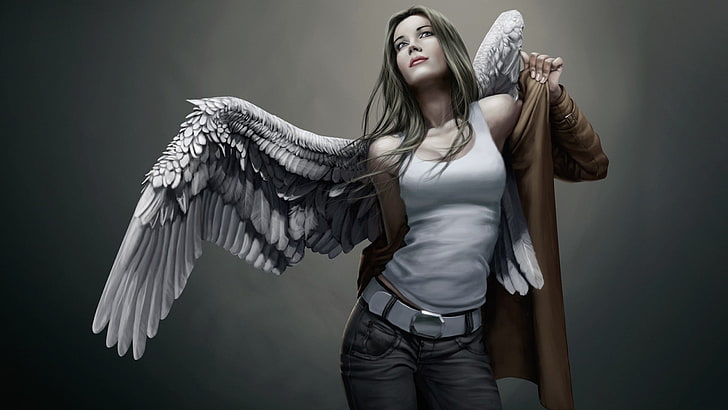 angel in white tank top wearing brown coat, fantasy art, women