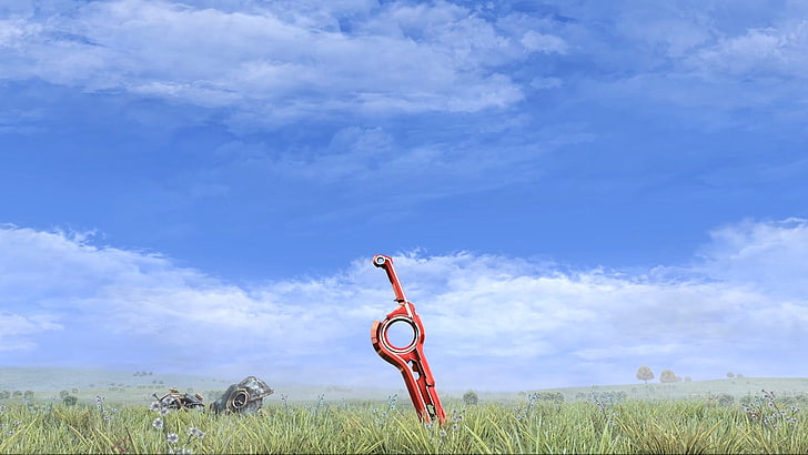 green grass, landscape, Xenoblade Chronicles, sword, sky, cloud - sky