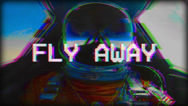 orange and gray space helmet with text overlay, vaporwave, glitch art
