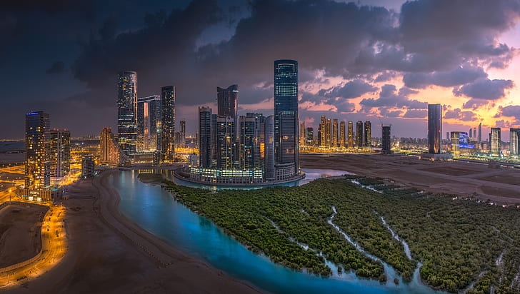 Cities, Abu Dhabi, Building, City, Night, Skyscraper, United Arab Emirates, HD wallpaper