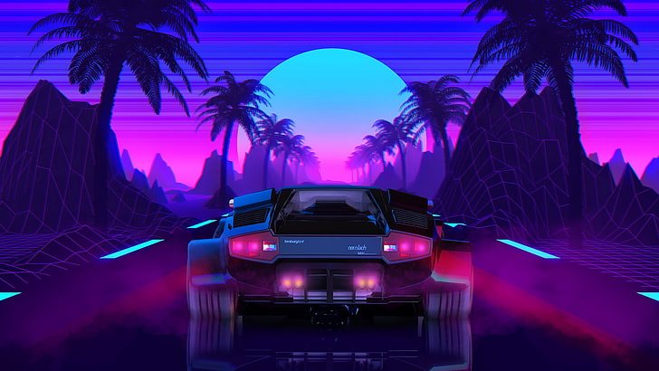 black car, neon, Lamborghini, vehicle, artwork, rear view, illuminated, HD wallpaper