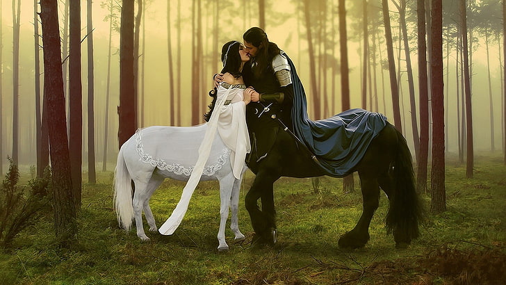 two mythical characters digital wallpaper, Centaur, kissing, domestic animals, HD wallpaper