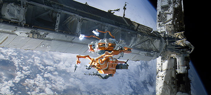 orange and white space machine digital wallpaper, spaceship, Earth, HD wallpaper