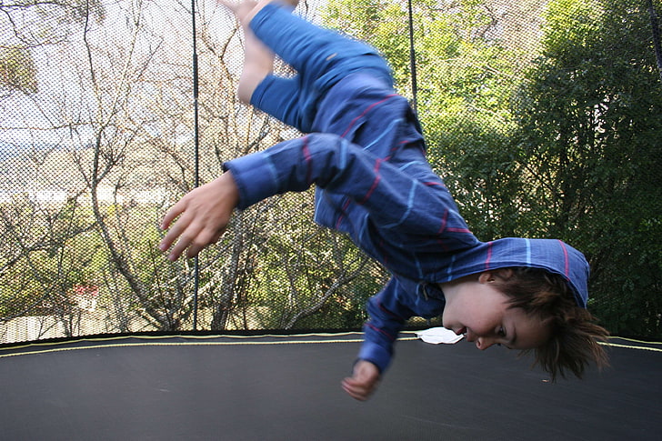 boy, crazy hair, flip, parkour, spring  trampoline, childhood