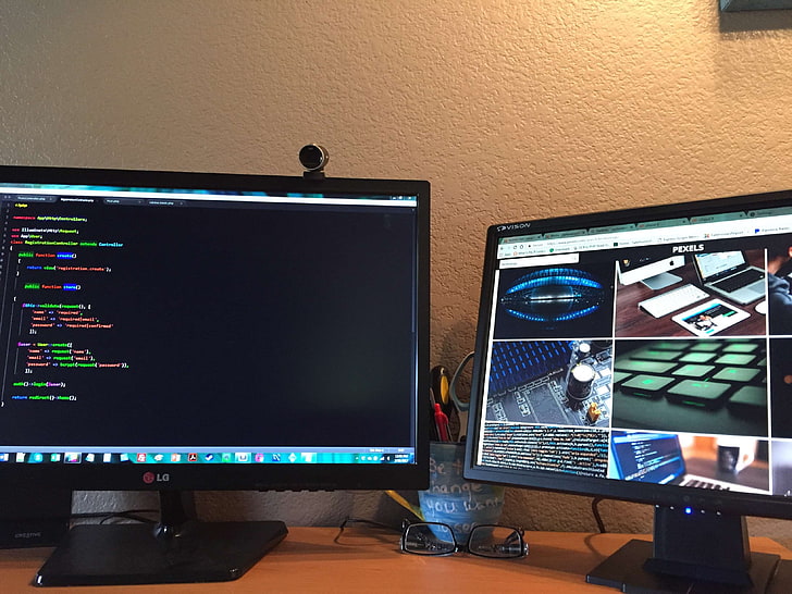 code, dual monitors, glasses, pexels, programming, work from home