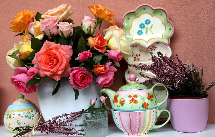 assorted-color rose flowers, roses, bouquet, vase, tableware
