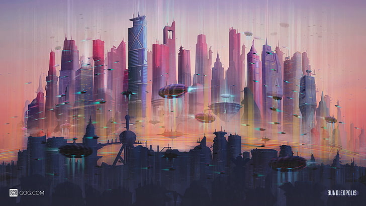 high-rise building and space ship digital wallpaper, GOG.com