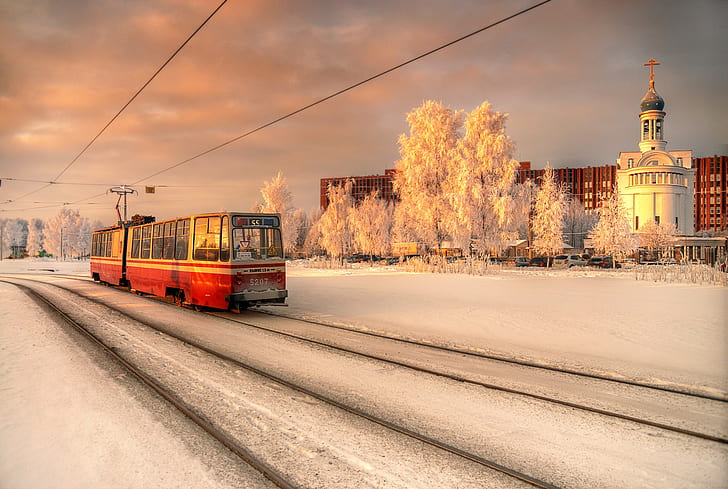 winter, St. Petersburg, city, tram, church, Orthodox, snow, HD wallpaper