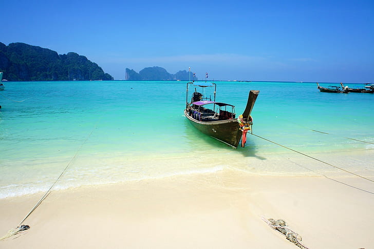 nature landscape beach boat sea tropical sand island turquoise water thailand, HD wallpaper