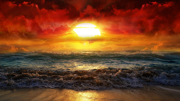 HD wallpaper: Photography, Manipulation, Beach, Ocean, Sun, Sunset, Wave |  Wallpaper Flare