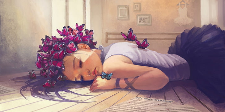 girl lying on floor painting, butterfly, notes, dress, art, leaves