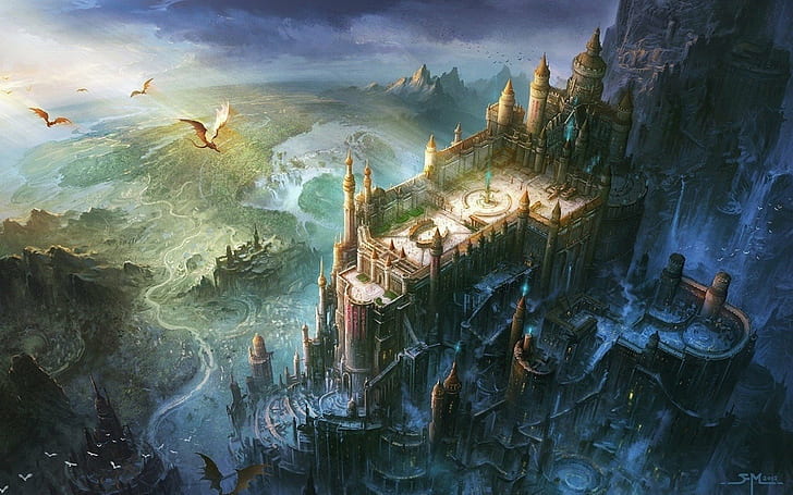 artwork, castle, digital art, dragon, Minas Tirith, HD wallpaper