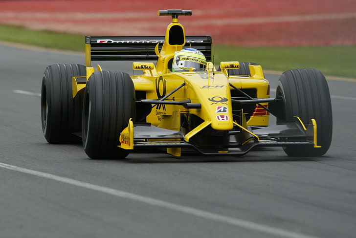 yellow racing car, jordan ej12, f1, formula one, dhl jordan honda