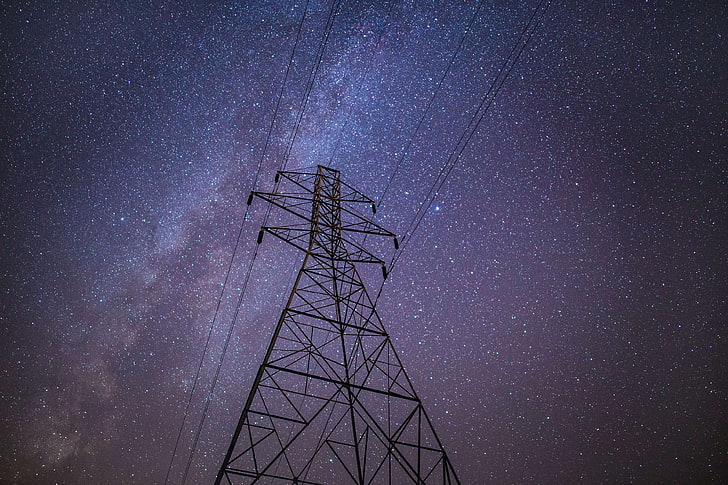 electrical tower, electricity, energy, high voltage, night