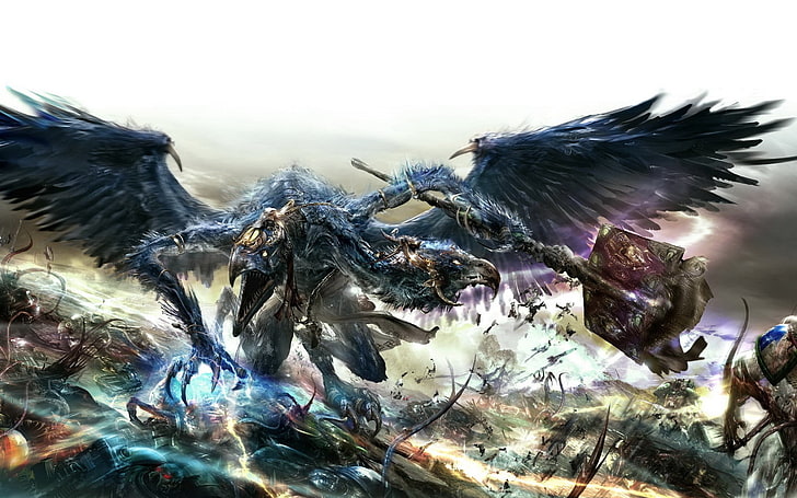 blue bird holding staff 3D wallpaper, Warhammer 40,000, tzeentch