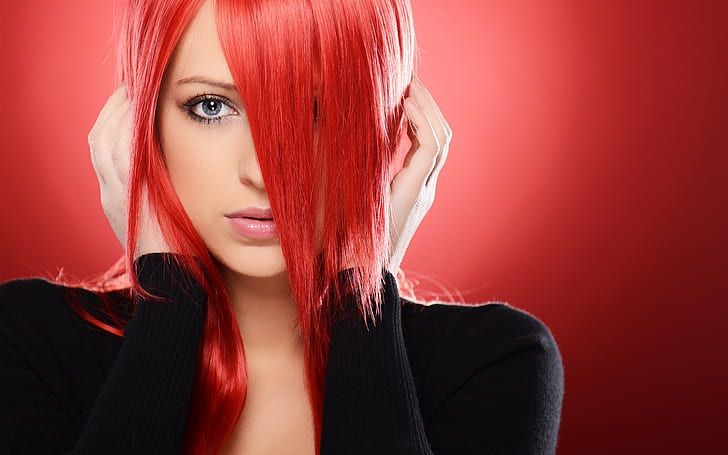 Red hair girl, eyes, face, hands, fashion, red hair dye, HD wallpaper