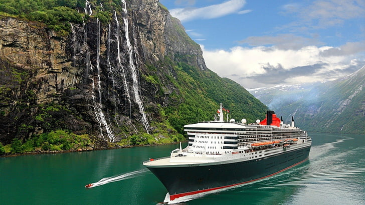 Vehicles, RMS Queen Mary 2, Cruise Ship, Fjord, Mountain, Norway