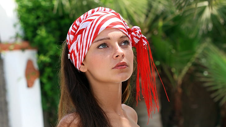 women's red and white turban, Indiana A, headshot, one person