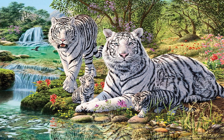Animals White Tiger And Two Cubs Jungle Waterfall Art Desktop Hd Wallpaper For Mobile Phones 1920×1200, HD wallpaper