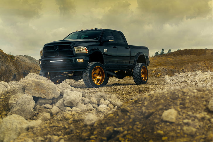 black Dodge RAM pickup truck, Front, Wheels, Vehicle, Outdoor, HD wallpaper