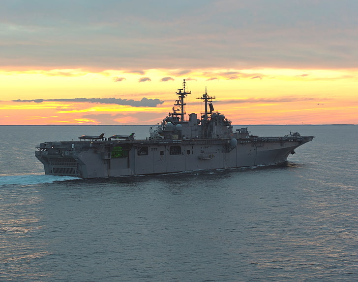 United States Navy, USS Wasp, warship, sunset, sea, sky, water, HD wallpaper