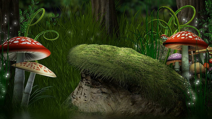 dream, dreamland, mushroom, mushrooms, magic, forest, art, artwork, HD wallpaper