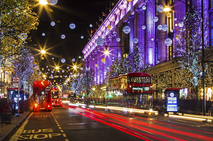 red passenger bus, lights, holiday, England, London, home, New Year