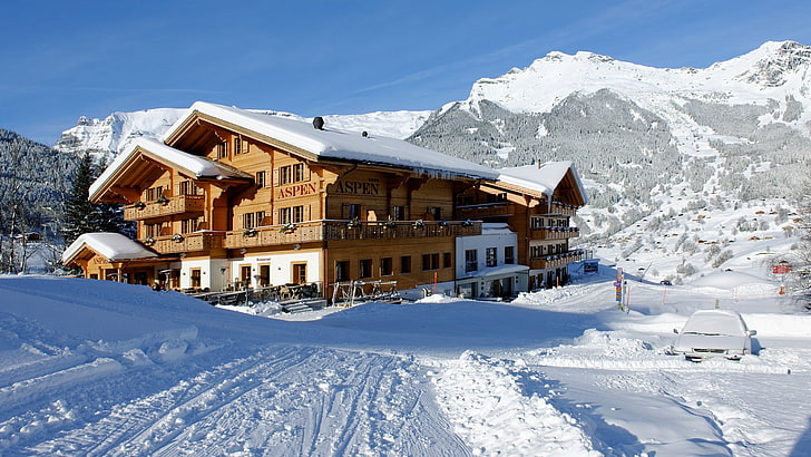 resort, hotel, winter, mountain range, snow, mountainous landforms, HD wallpaper
