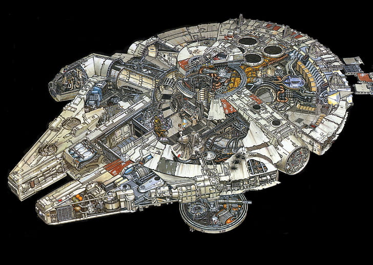 Star Wars Millennium Falcon illustration, studio shot, black background